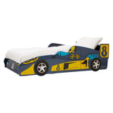 A colorful kids racing car bed designed to resemble a race car, featuring a sleek body with blue and yellow accents, large wheels, and a number 8 on the side. The bed includes a mattress area with white bedding and a headboard that mimics the shape of a car's front