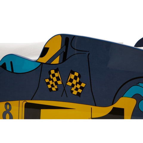 Close-up view of a kids racing car bed featuring a vibrant blue and yellow design, with checkered flag patterns and a sleek, sporty shape. The bed's side showcases a stylized car design, emphasizing fun and playfulness for children's bedrooms