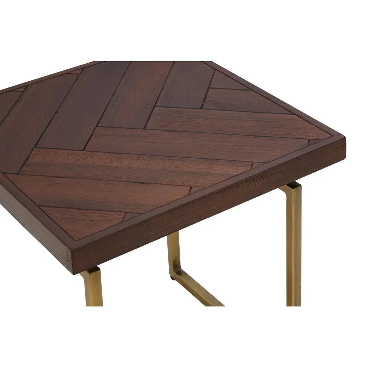 Square wooden side table with herringbone top and brass metal legs, corner view