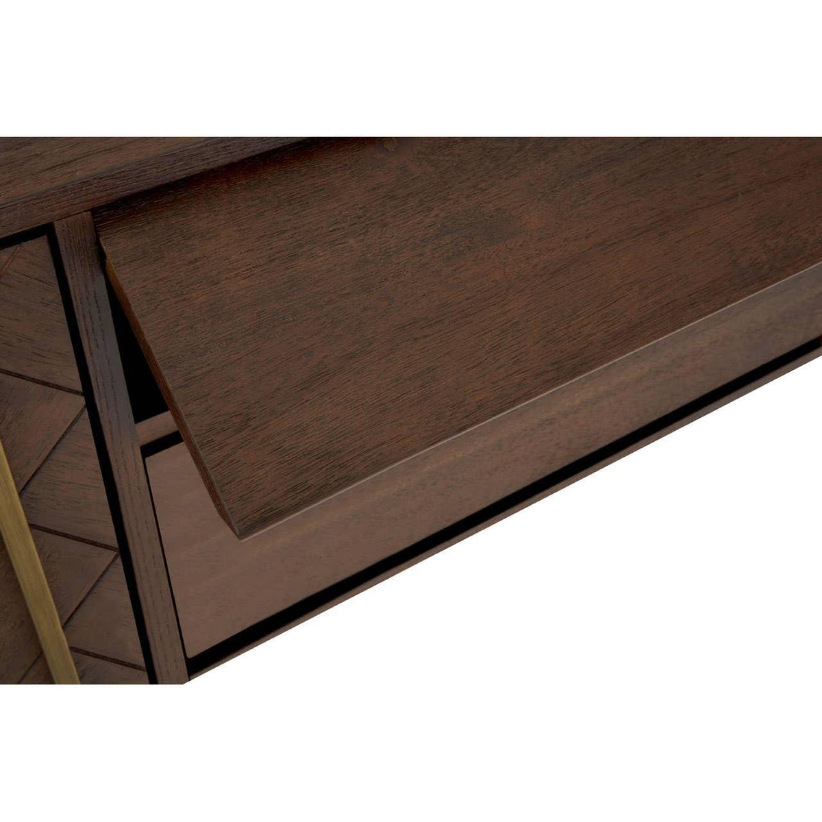 Closeup of dark wood chest of drawers with smooth front panel and open drawer
