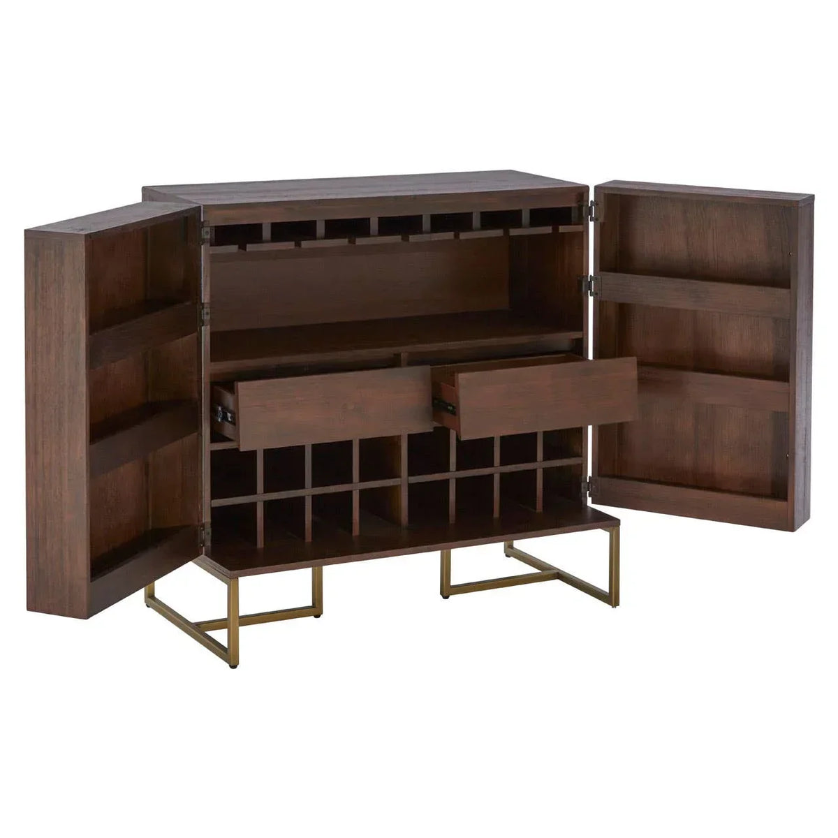 Dark wood bar cabinet with open doors, wine rack, shelves, drawers and gold metal legs