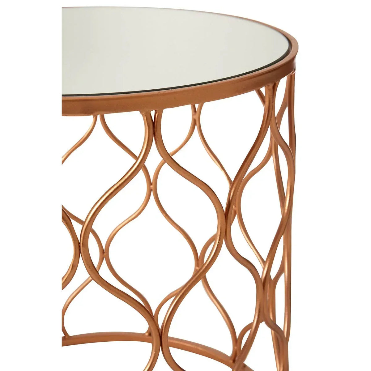 Round glass top side table with gold metal frame and decorative curved lattice design