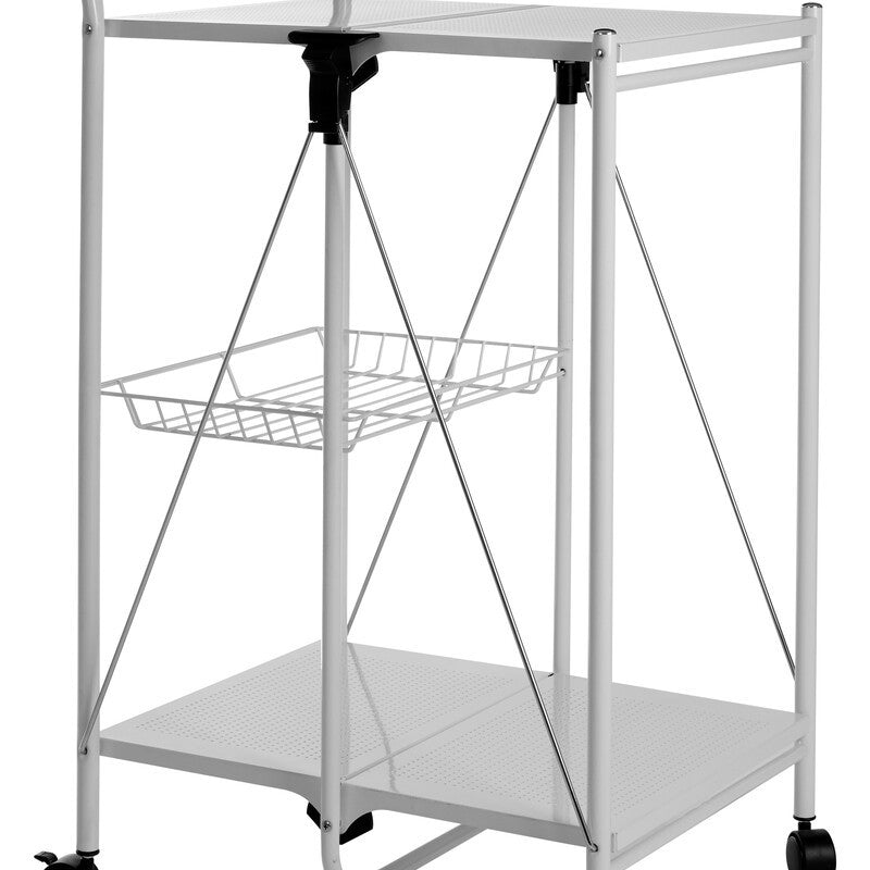 White rectangular folding kitchen trolley with a sleek metal frame, featuring two shelves: a flat top surface and a lower wire shelf. The trolley has a handle for easy maneuvering and four wheels for mobility. The design is minimalistic and functional, suitable for various kitchen or dining settings