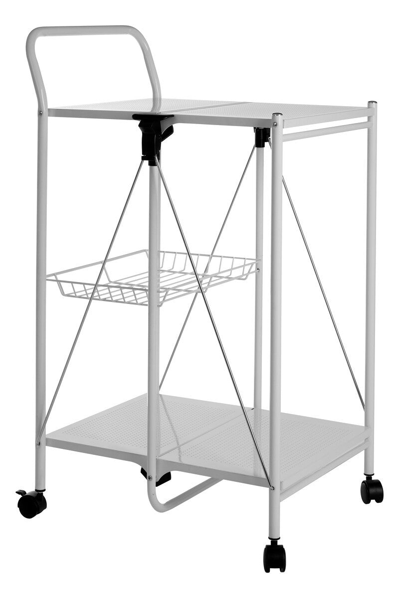 White rectangular folding kitchen trolley with a sleek metal frame, featuring two shelves: a flat top surface and a lower wire shelf. The trolley has a handle for easy maneuvering and four wheels for mobility. The design is minimalistic and functional, suitable for various kitchen or dining settings