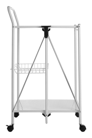 A white rectangular folding kitchen trolley with a sleek metal frame, featuring a top shelf and a lower shelf for storage. The trolley has a handle on one side and four wheels for easy mobility. The design is minimalist and modern, suitable for various kitchen styles