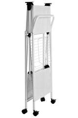 White rectangular folding kitchen trolley with a sleek design, featuring a flat top surface and a lower shelf. The trolley has a sturdy frame with black wheels for easy mobility, and it is shown in an upright position, ready for use