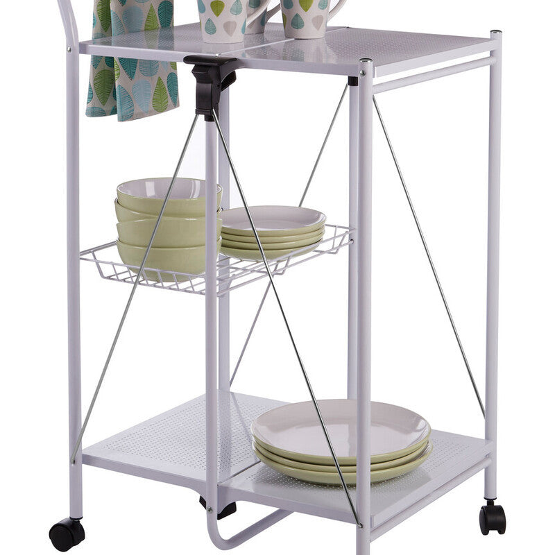 White rectangular folding kitchen trolley with two shelves, featuring a top surface for serving, a lower shelf for storage, and a towel rack on one side. The trolley is equipped with four wheels for easy mobility and includes bowls and cups arranged on the top shelf