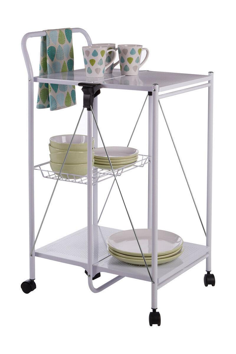 White rectangular folding kitchen trolley with two shelves, featuring a top surface for serving, a lower shelf for storage, and a towel rack on one side. The trolley is equipped with four wheels for easy mobility and includes bowls and cups arranged on the top shelf