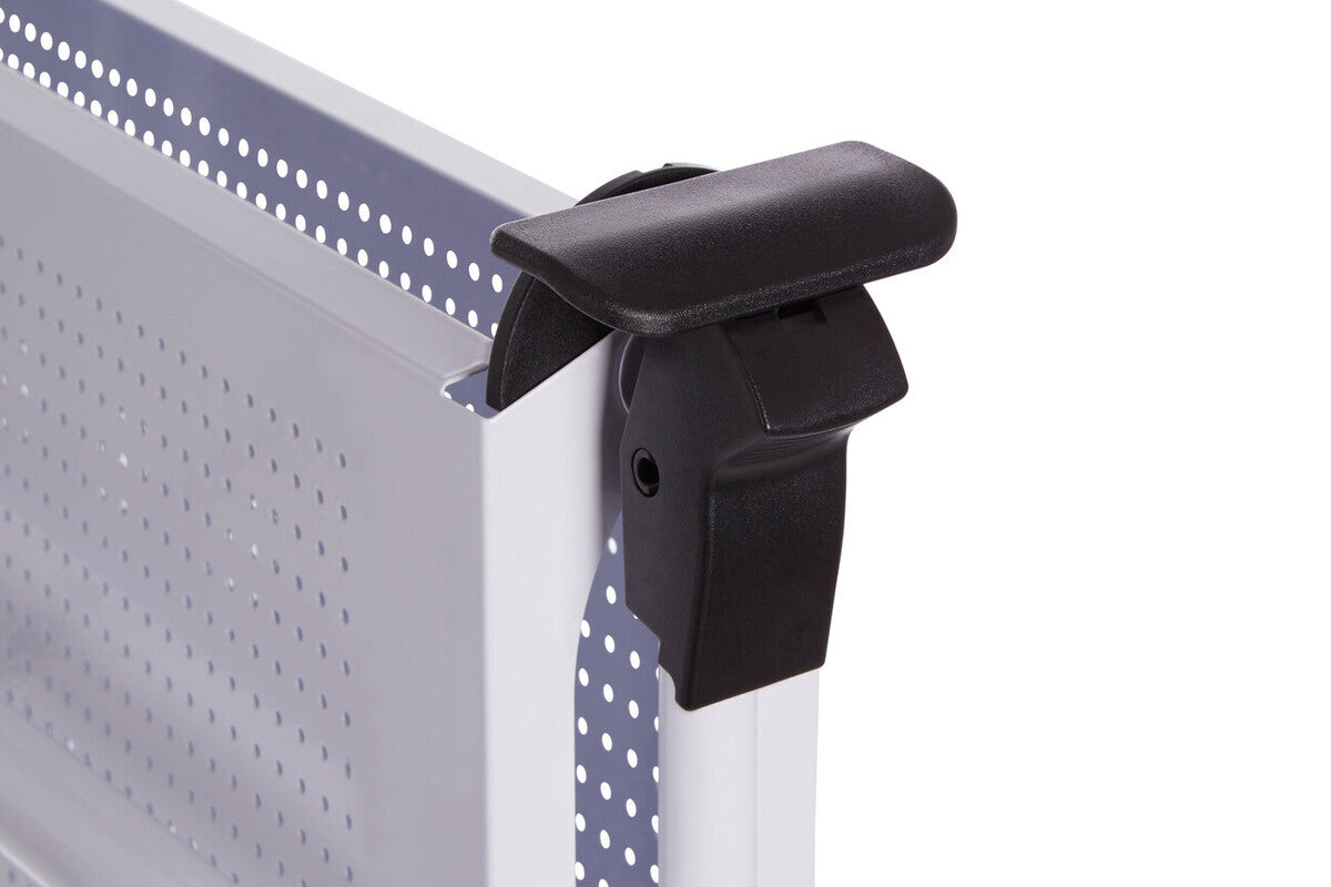 Close-up view of the corner of a white rectangular folding kitchen trolley, featuring a black locking mechanism and a textured surface. The trolley has a sleek design with a modern aesthetic, suitable for kitchen use