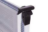 Close-up view of the corner of a white rectangular folding kitchen trolley, featuring a black locking mechanism and a textured surface. The trolley has a sleek design with a modern aesthetic, suitable for kitchen use