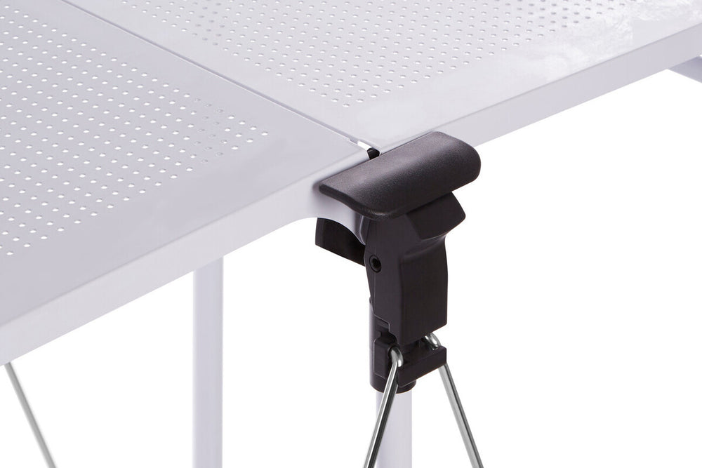 Close-up view of the locking mechanism on the Harlow White Rectangular Folding Kitchen Trolley, showcasing a black handle attached to a white frame, designed for easy folding and stability