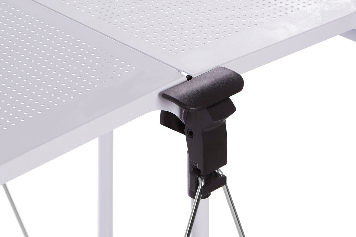 Close-up view of the locking mechanism on the Harlow White Rectangular Folding Kitchen Trolley, showcasing a black handle attached to a white frame, designed for easy folding and stability