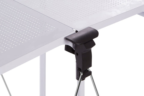 Close-up view of the locking mechanism on the Harlow White Rectangular Folding Kitchen Trolley, showcasing a black handle attached to a white frame, designed for easy folding and stability