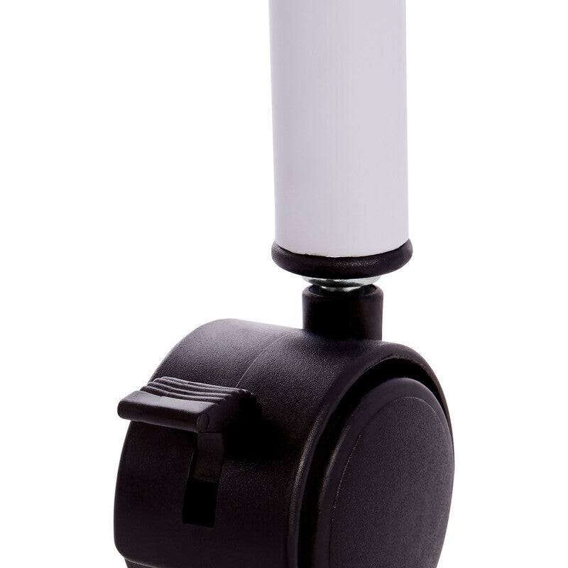 Close-up view of a black wheel attached to a white pole, designed for mobility. The wheel features a locking mechanism for stability