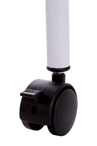 Close-up view of a black wheel attached to a white pole, designed for mobility. The wheel features a locking mechanism for stability