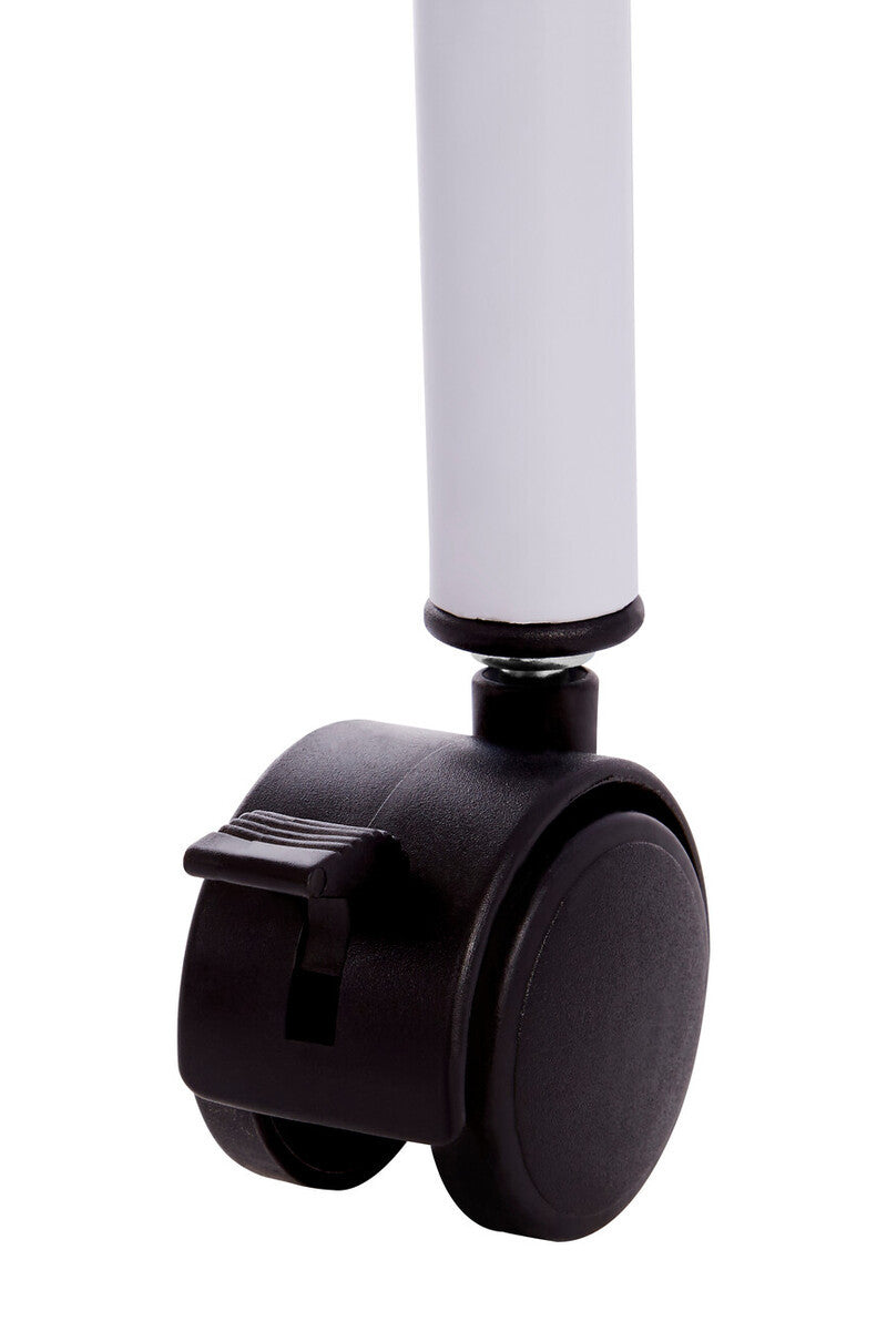 Close-up view of a black wheel attached to a white pole, designed for mobility. The wheel features a locking mechanism for stability