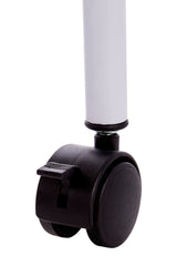 Close-up view of a black wheel attached to a white pole, designed for mobility. The wheel features a locking mechanism for stability