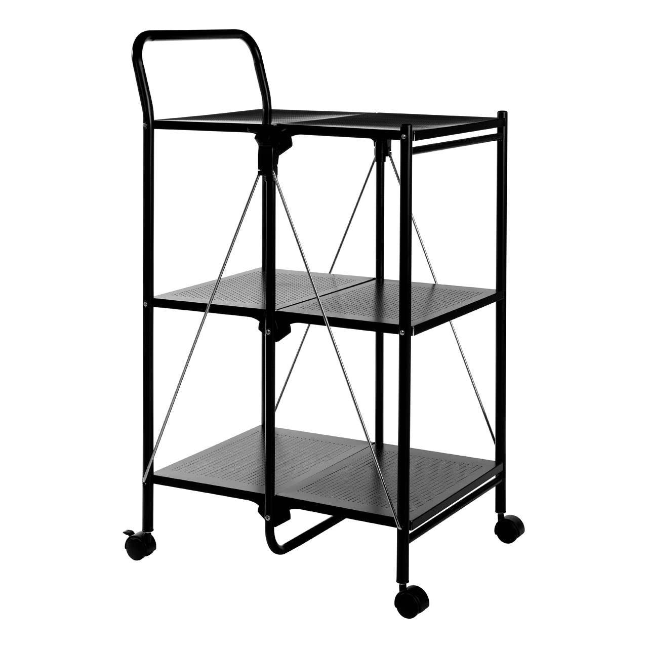 Black rectangular folding kitchen trolley with two shelves, a handle for easy maneuvering, and four wheels for mobility. The design features a minimalist style with a sturdy metal frame and open shelving for versatile storage