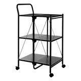 Black rectangular folding kitchen trolley with two shelves, a handle for easy maneuvering, and four wheels for mobility. The design features a minimalist style with a sturdy metal frame and open shelving for versatile storage