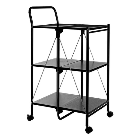 Black rectangular folding kitchen trolley with two shelves, a handle for easy maneuvering, and four wheels for mobility. The design features a minimalist style with a sturdy metal frame and open shelving for versatile storage