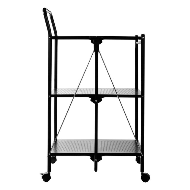 Black rectangular folding kitchen trolley with two shelves, featuring a sturdy frame and a handle on one side. The trolley is mounted on wheels for easy mobility