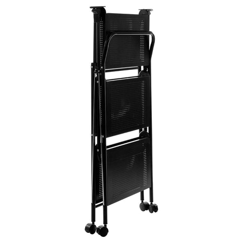 A black rectangular folding kitchen trolley with a sleek design, featuring two shelves and a sturdy frame, standing upright in a compact position. The trolley has smooth wheels for easy mobility and a minimalist aesthetic suitable for modern kitchens