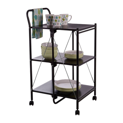 Black rectangular folding kitchen trolley with three shelves, featuring a towel rack on the side. The trolley is equipped with various kitchen items, including cups, plates, and containers, arranged neatly on the shelves. The design includes wheels for easy mobility