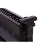 Close-up view of the handle and edge of the Harlow Black Rectangular Folding Kitchen Trolley, showcasing its sleek black finish and textured surface. The design features a modern aesthetic with a practical folding mechanism