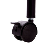 Black wheel of a kitchen trolley with a locking mechanism, designed for easy mobility and stability. The wheel is round and made of durable material, suitable for various surfaces