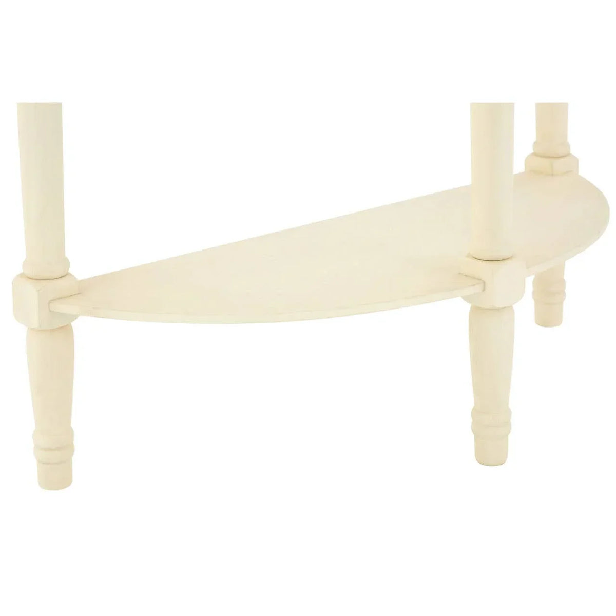 Cream wood table legs with curved lower shelf and turned detailing