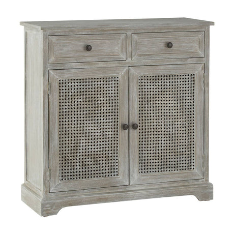 Heritage grey wash sideboard featuring two doors with rattan panels and two upper drawers, all set on a sturdy base. The wood finish gives a rustic and elegant appearance, suitable for home decor