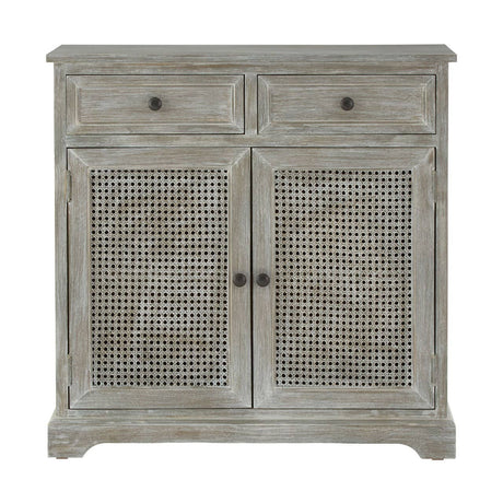 A two-door sideboard featuring a heritage grey wash finish, with a textured rattan design on the doors and two small drawers at the top. The sideboard has a classic silhouette with a slightly curved base and round knobs for easy access