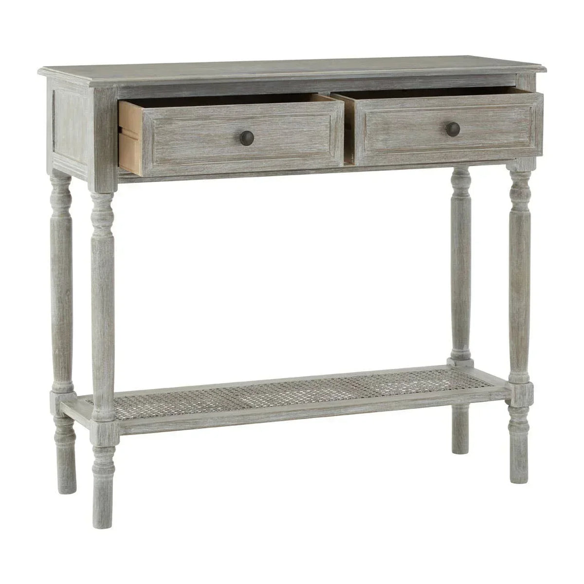 Grey wood console table with two open drawers and lower woven shelf