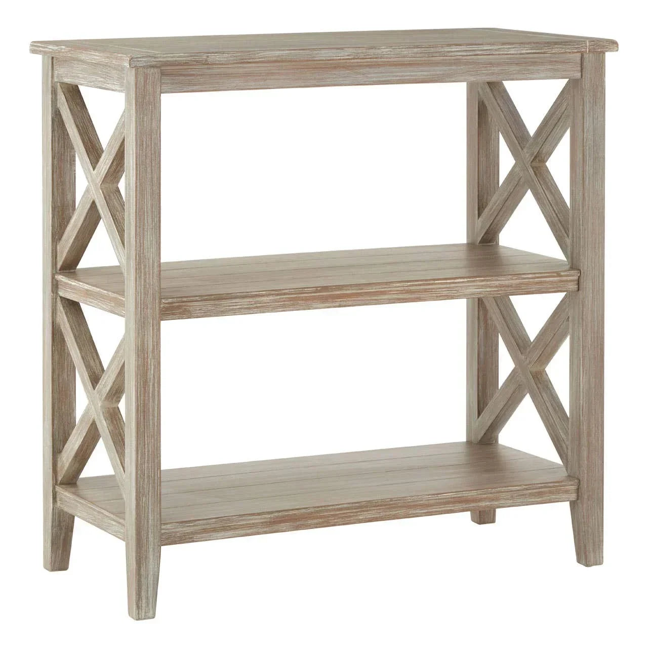 Rustic wood console table with three shelves and crossed side supports