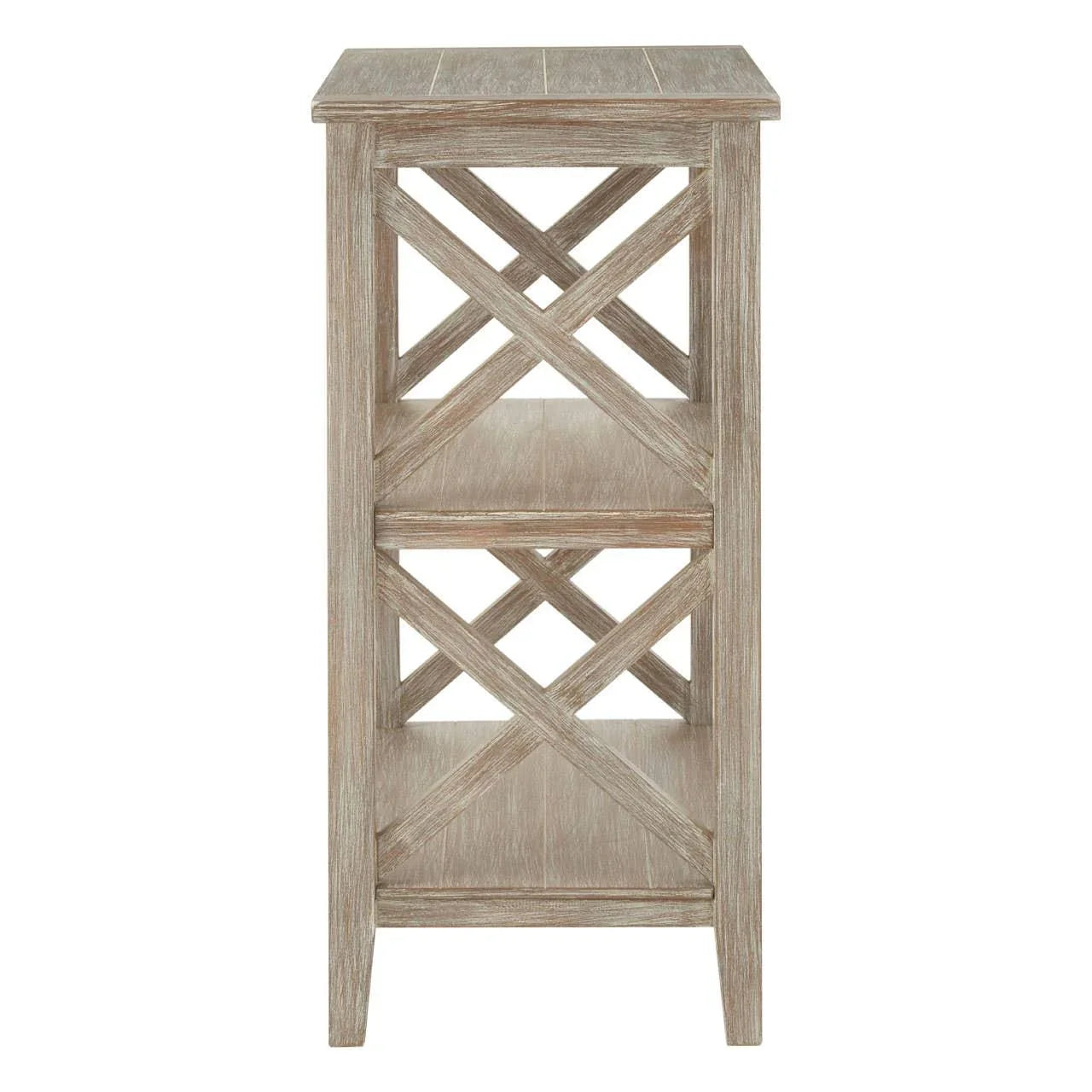 Oak wood side table with two open shelves and cross panel detail