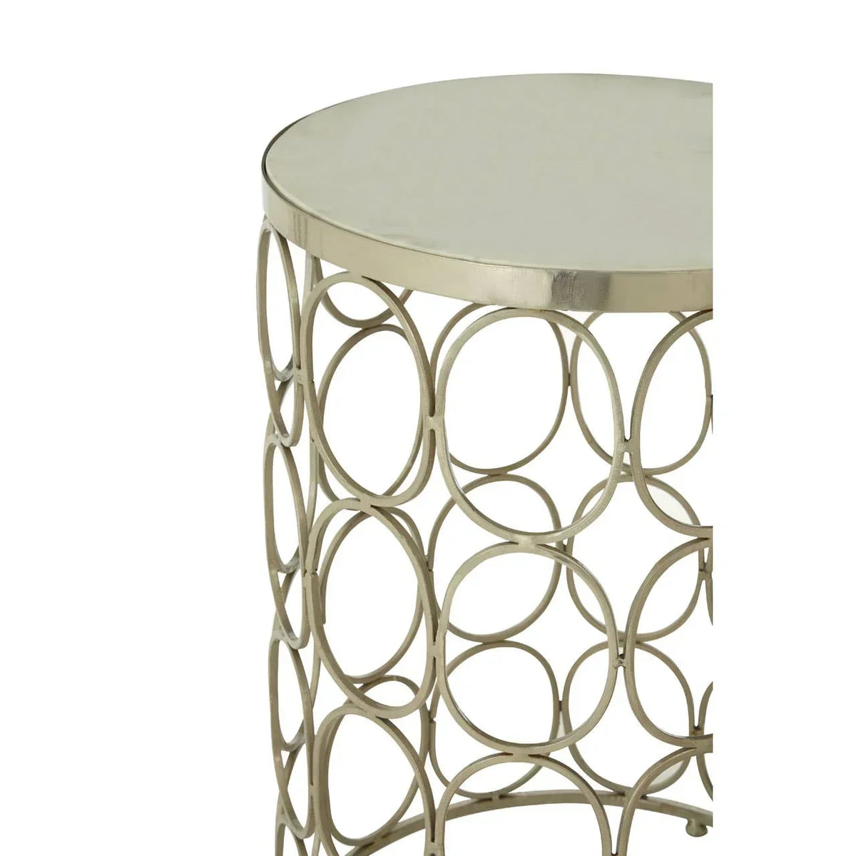Round metal side table with open circular frame and mirrored top