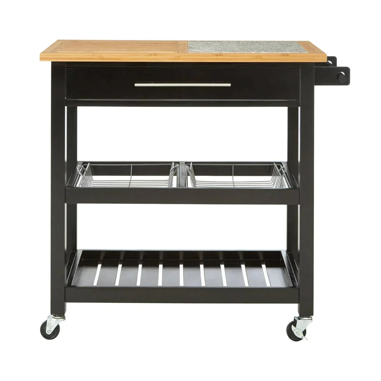 Black kitchen trolley with wood top, stainless steel detail and storage baskets on wheels