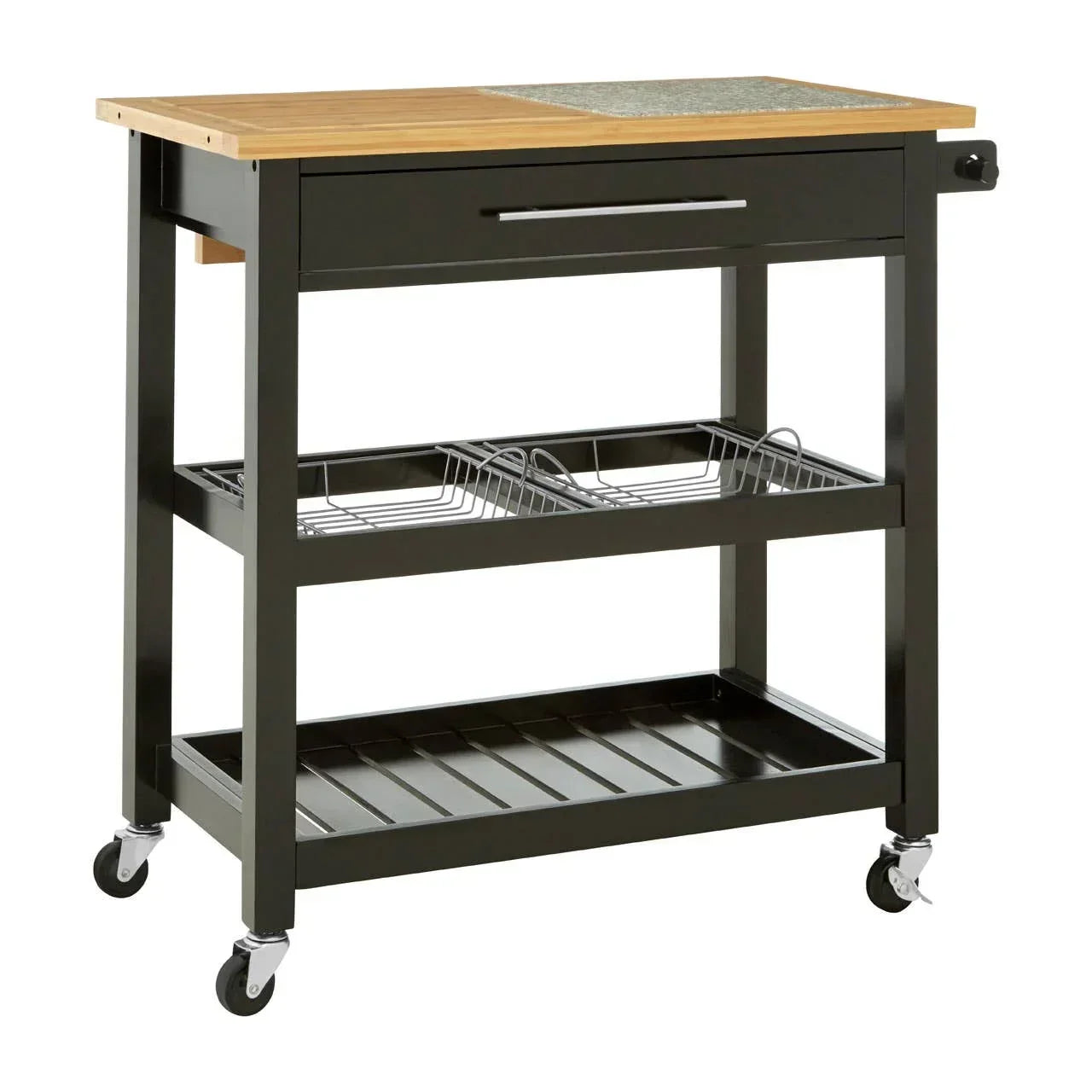 Black metal kitchen trolley with wooden top, pull-out drawer, two shelves and wheels