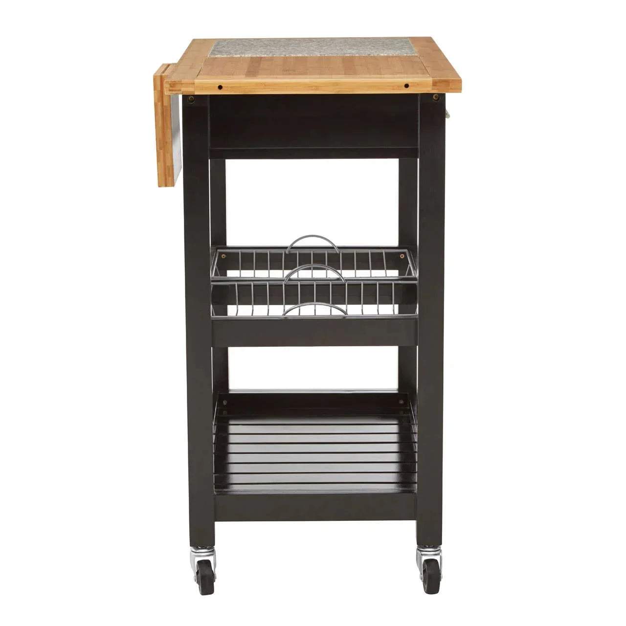 Kitchen trolley with wooden top, metal frame, wire baskets and wheels, front view