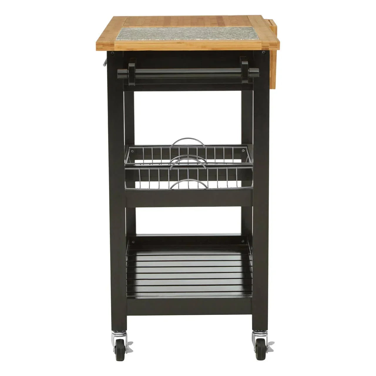Kitchen trolley with wooden top, metal frame, wire storage shelf and caster wheels