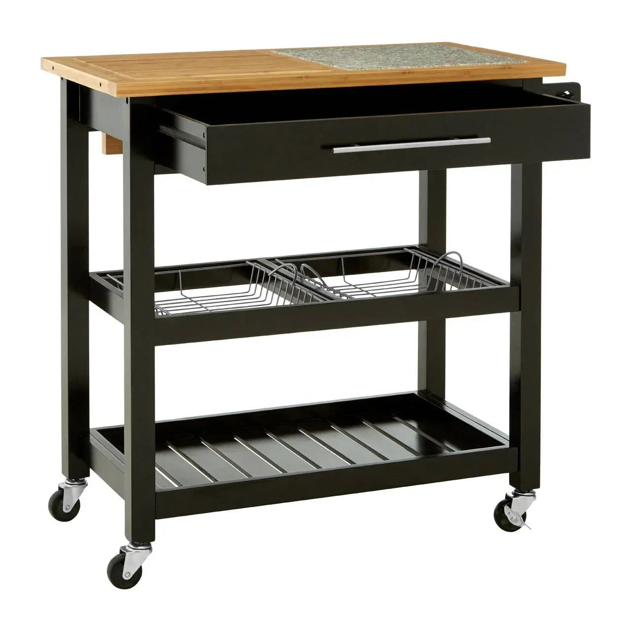 Kitchen trolley with wood top, metal drawer, shelves, and caster wheels, front angle view