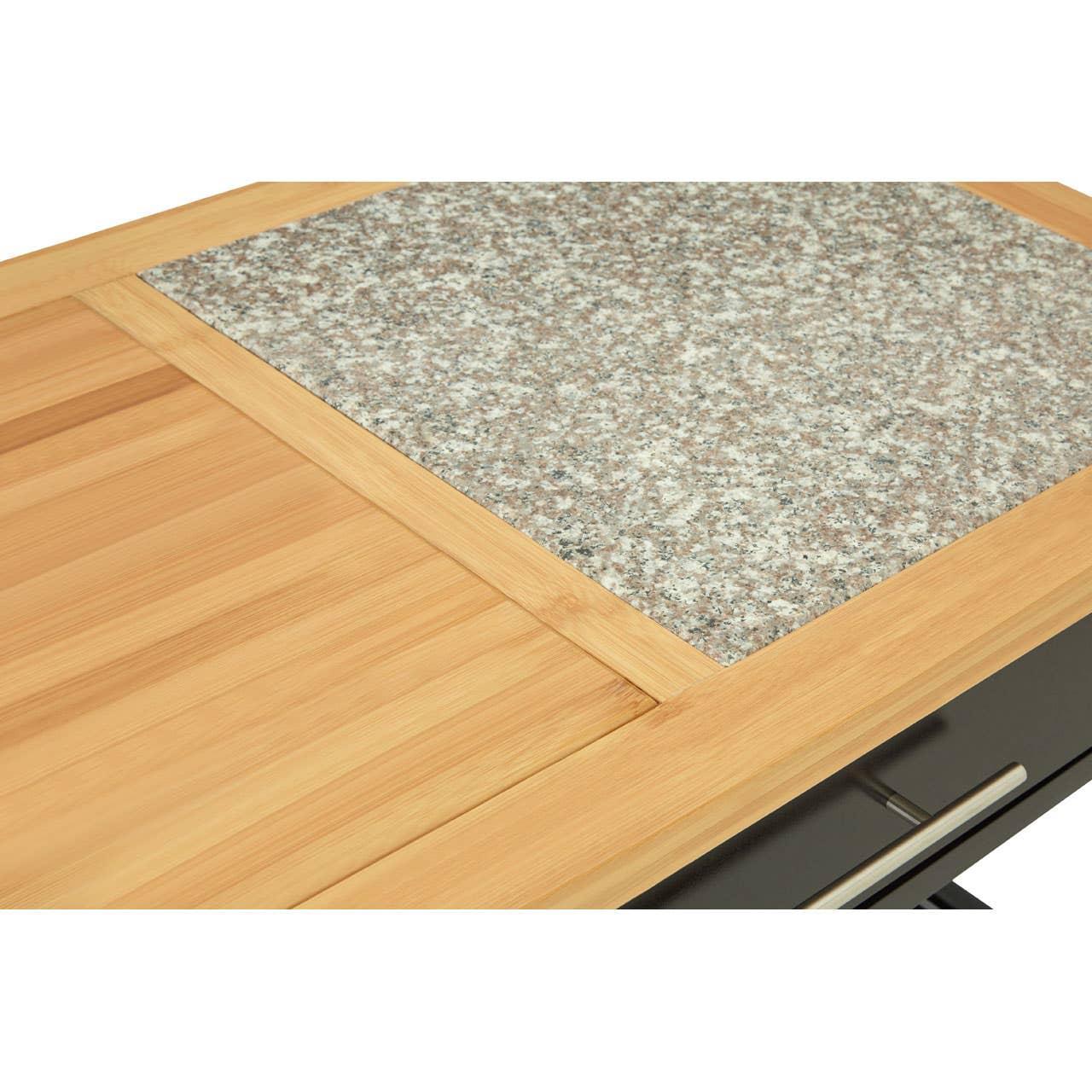 Closeup of kitchen trolley top with bamboo and granite work surface
