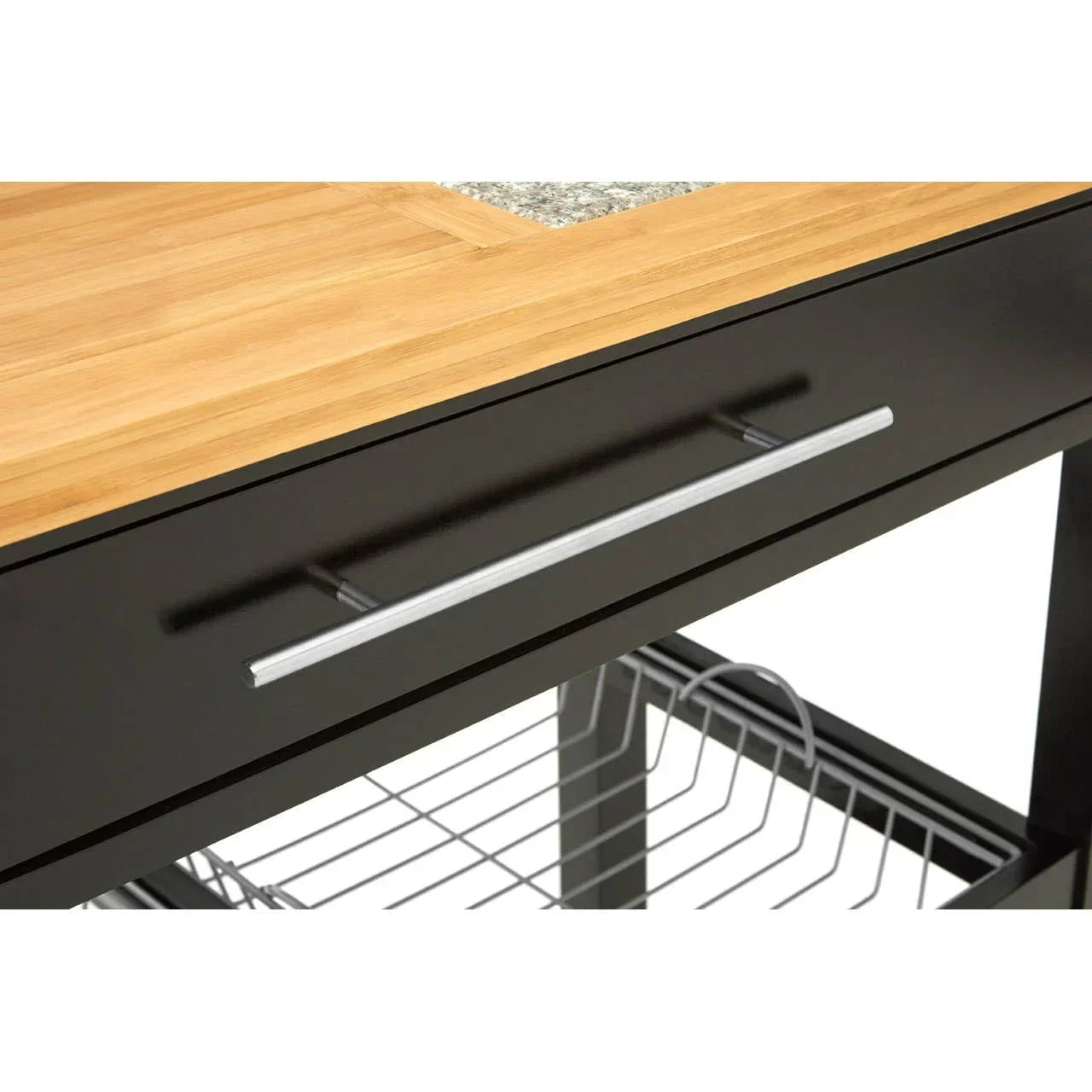 Black kitchen trolley with wooden countertop, metal drawer handle, and wire storage shelf