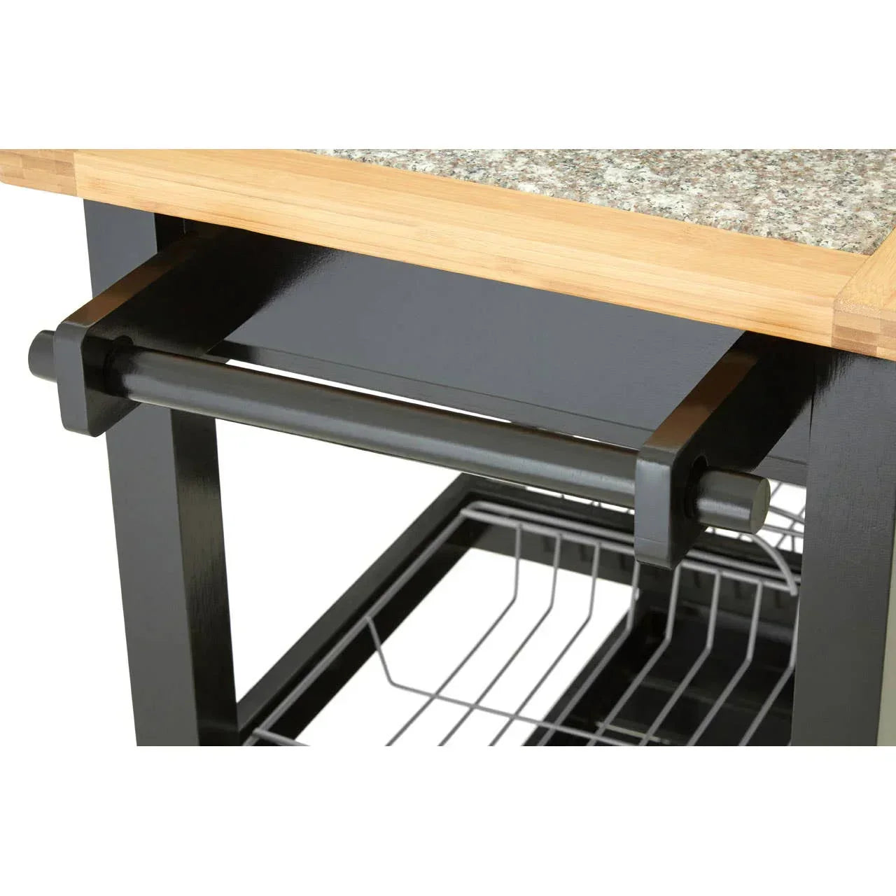 Kitchen trolley with granite top, black towel rail and lower wire shelf