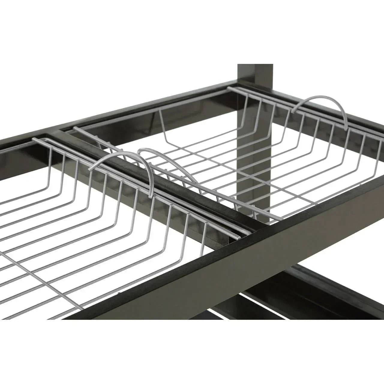 Close up of metal wire storage rack with grey dividers and black frame