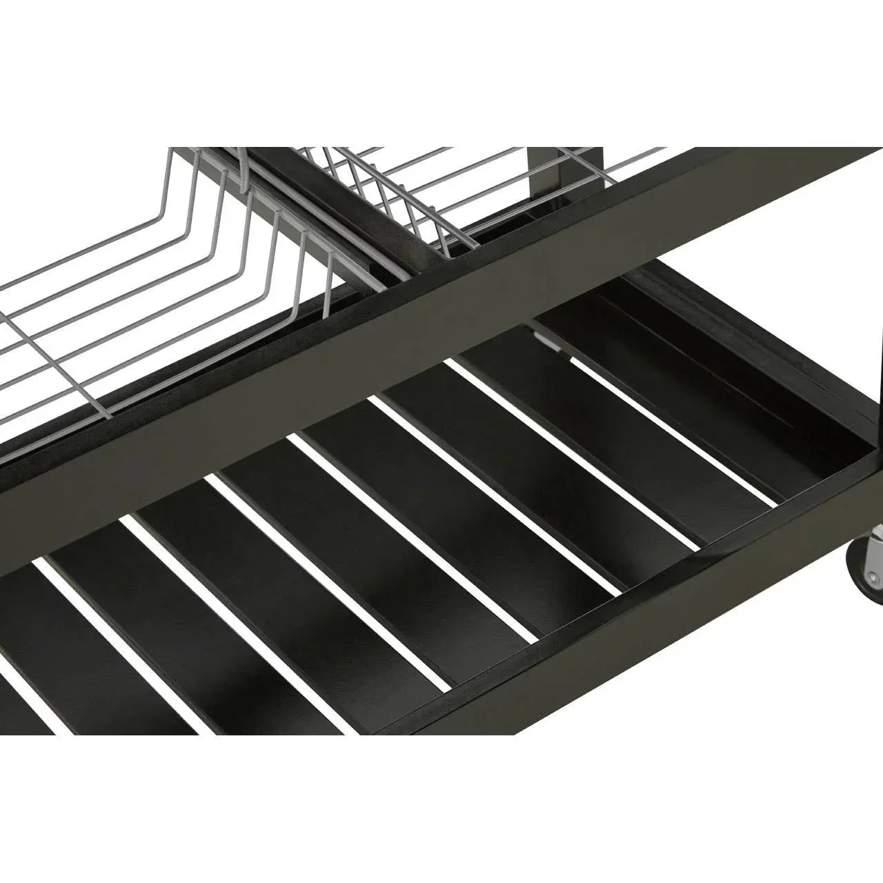 Black metal storage trolley with slatted lower shelf and chrome wire rack detail