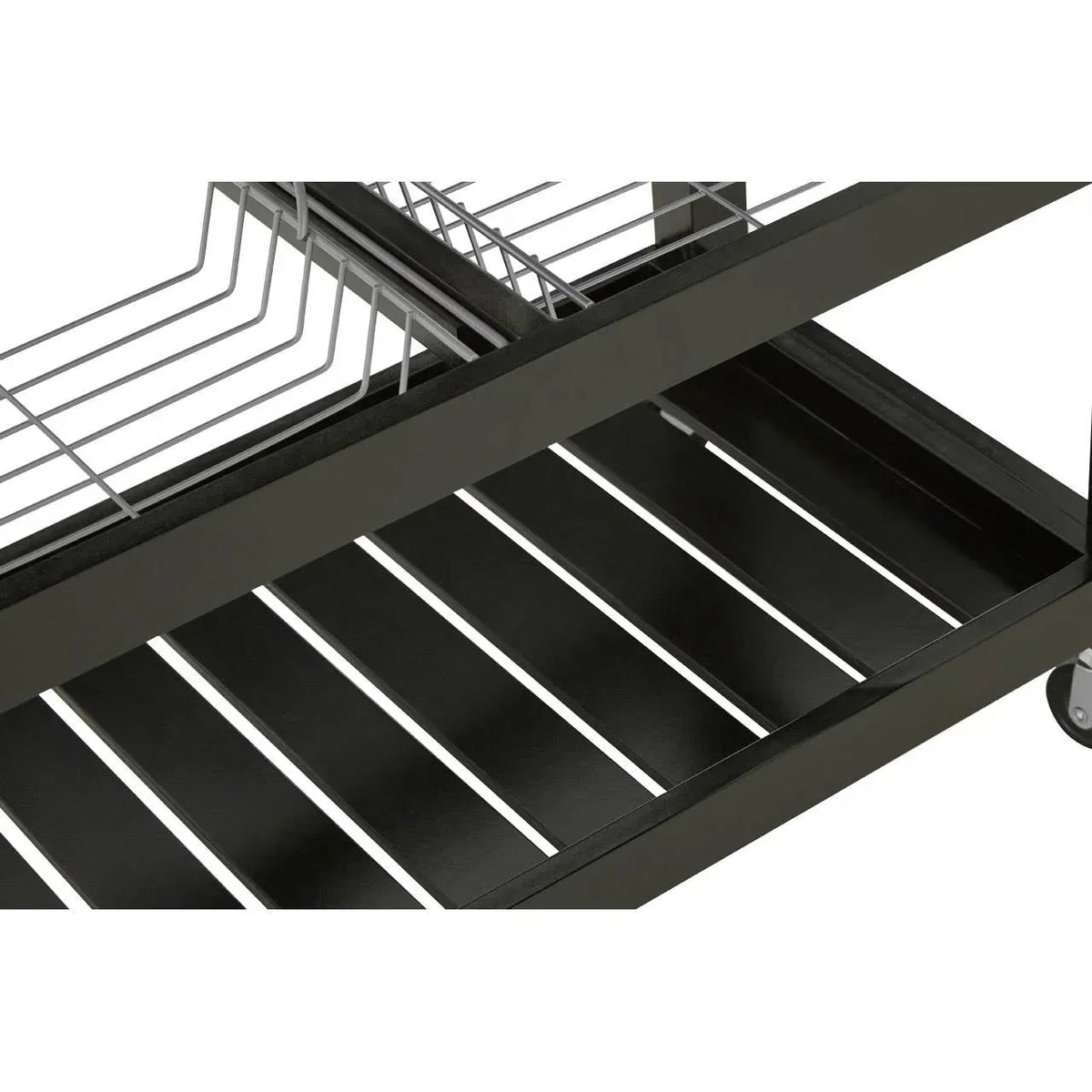 Black metal storage trolley with slatted lower shelf and chrome wire rack detail