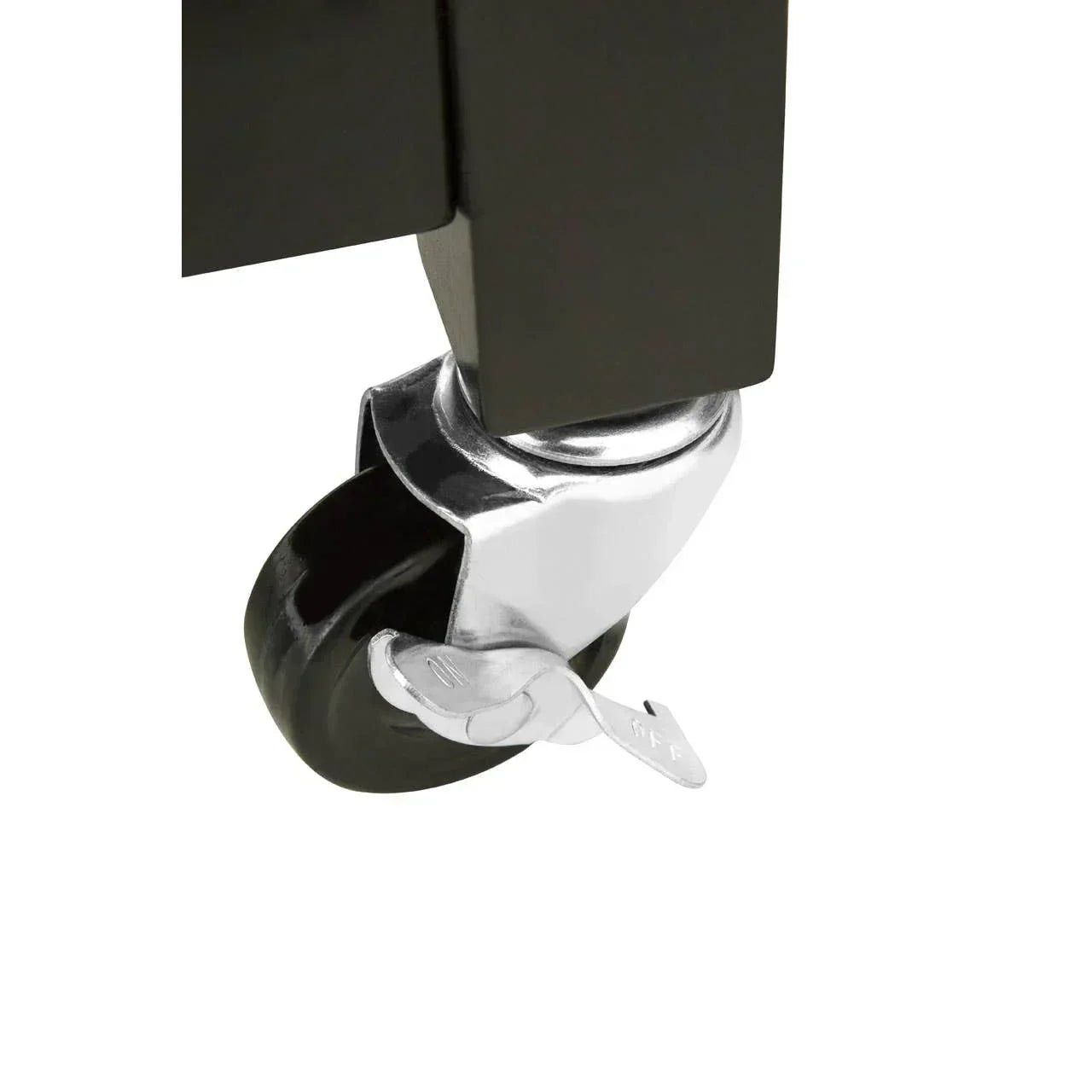 Black furniture caster wheel with chrome housing and brake lever close-up
