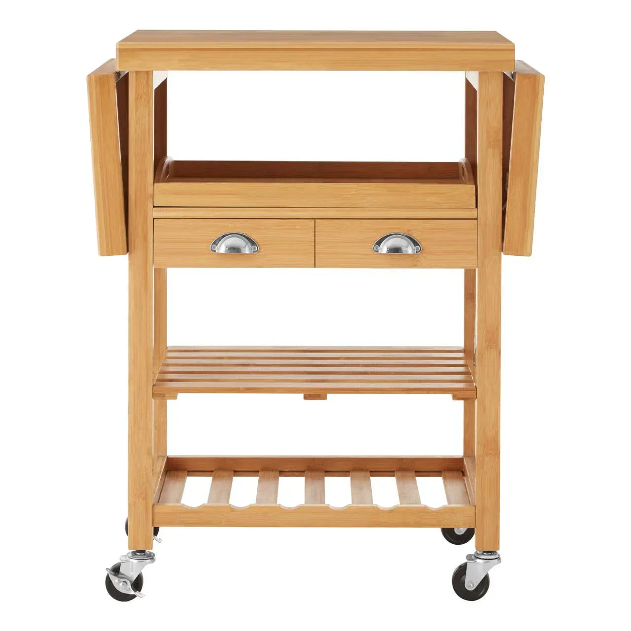 Wooden kitchen trolley with two drawers, foldable sides, shelves, and caster wheels