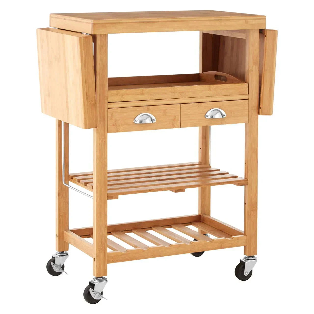 Wooden kitchen trolley with drawers, slatted shelves, side drop leaves, and caster wheels